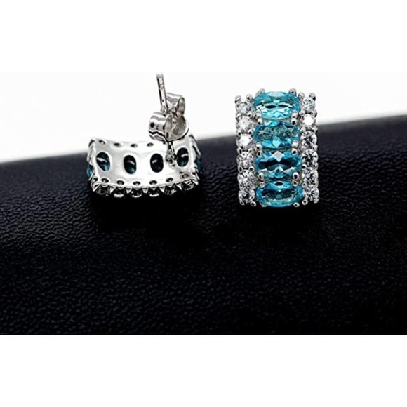 Platinum Plated Necklace Earring Ring CZ Cubic Rhinestone Necklace Blue Earrings - Picture 6 of 8